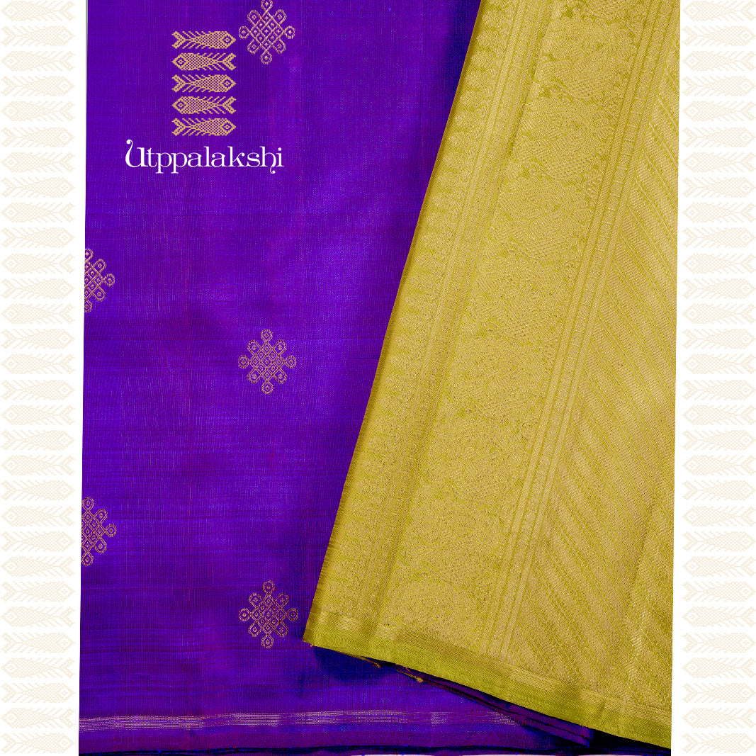 VOILET COLOUR KOLAM SAREE WITH OLIVE GREEN PALLU-AN UTPPALAKSHI HANDWOVEN KANCHIPURAM SILK SAREE