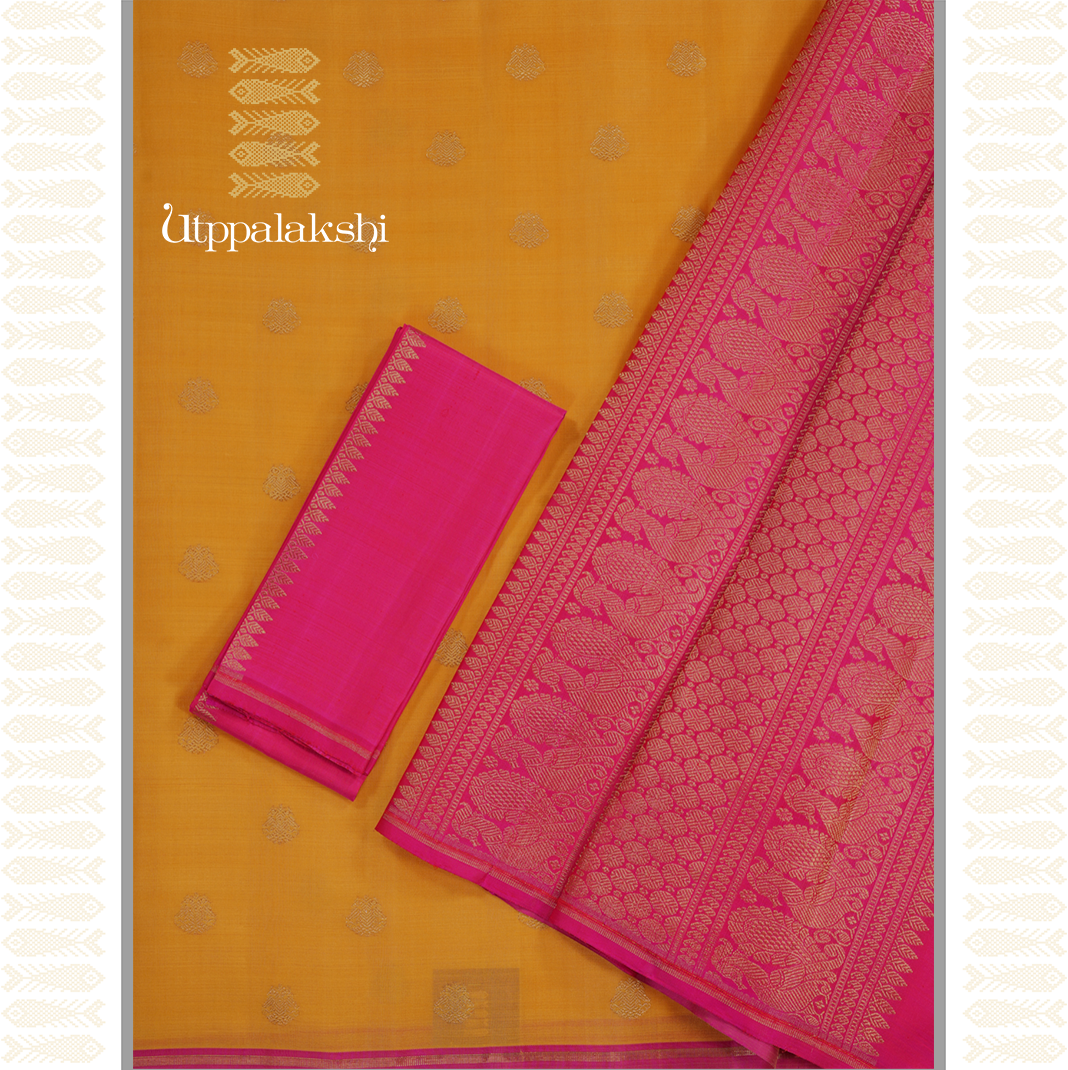 TURMERIC YELLOW KANJIVARAM KORA SILK SAREE-AN UTPPALAKSHI HANDWOVEN KANCHIPURAM SILK SAREE