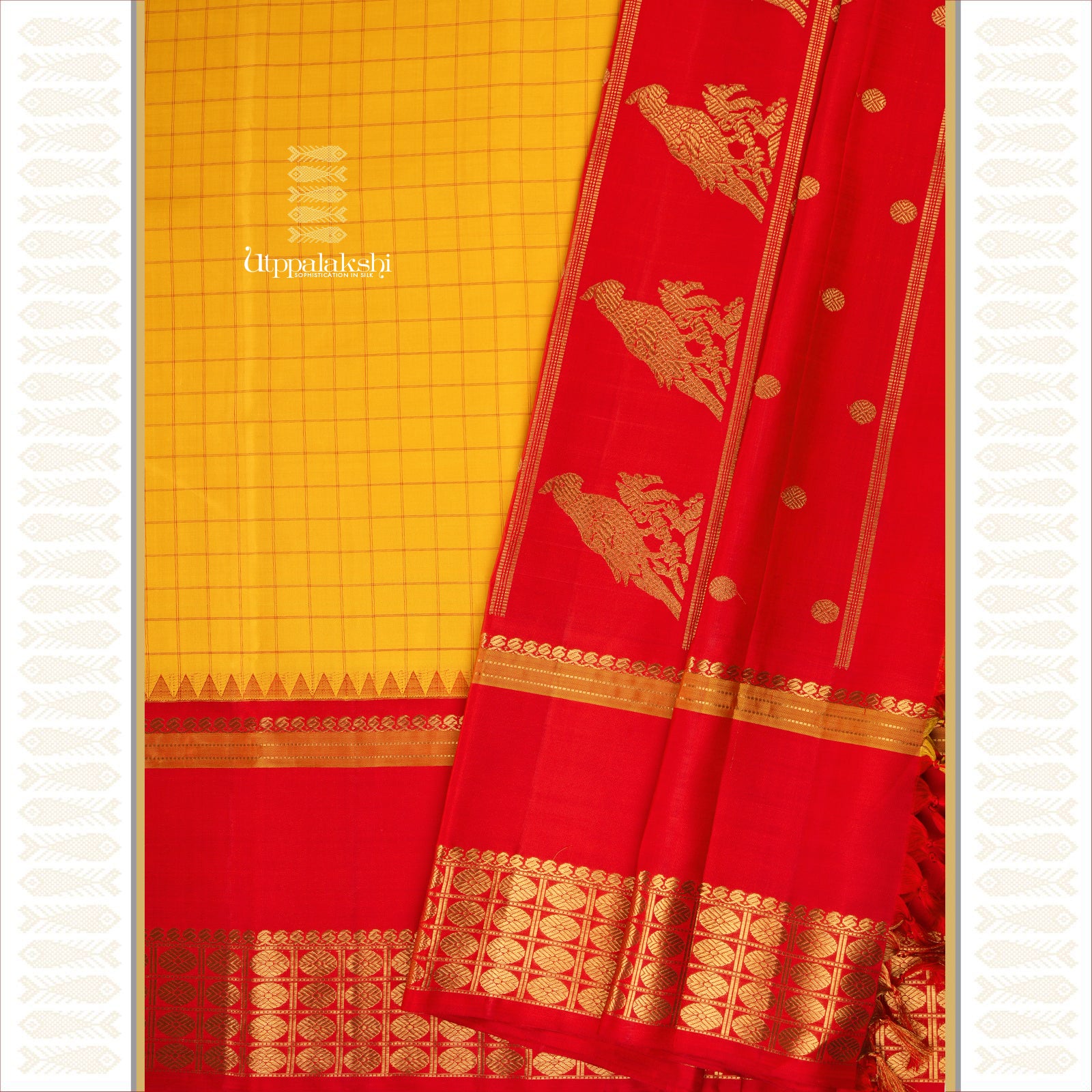Yellow and Red Kutrala Kuravanji Saree with Parrot Motifs and Tomato Red Border & Pallu – An Utppalakshi Handwoven Kanjivaram Silk Saree