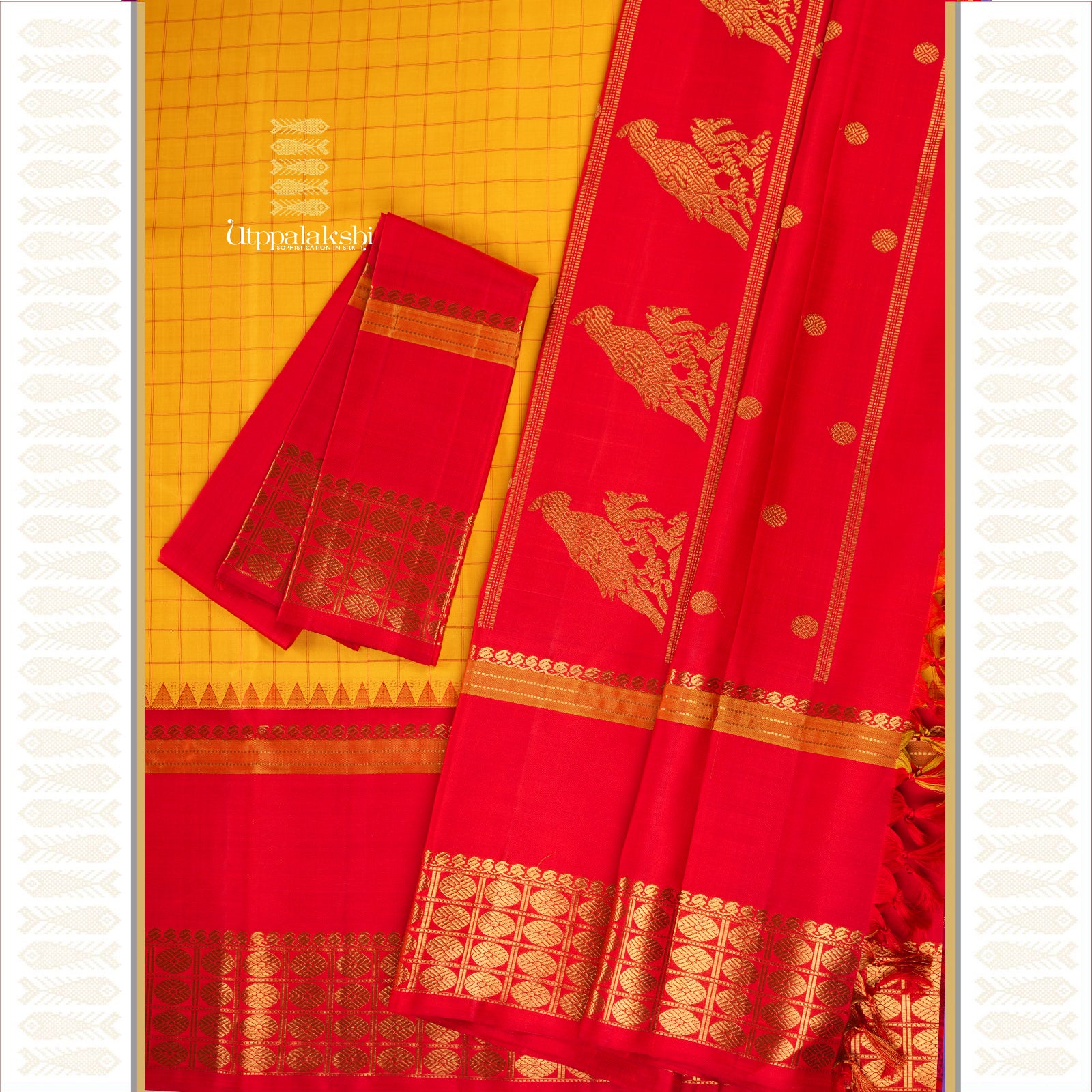 Yellow and Red Kutrala Kuravanji Saree with Parrot Motifs and Tomato Red Border & Pallu – An Utppalakshi Handwoven Kanjivaram Silk Saree