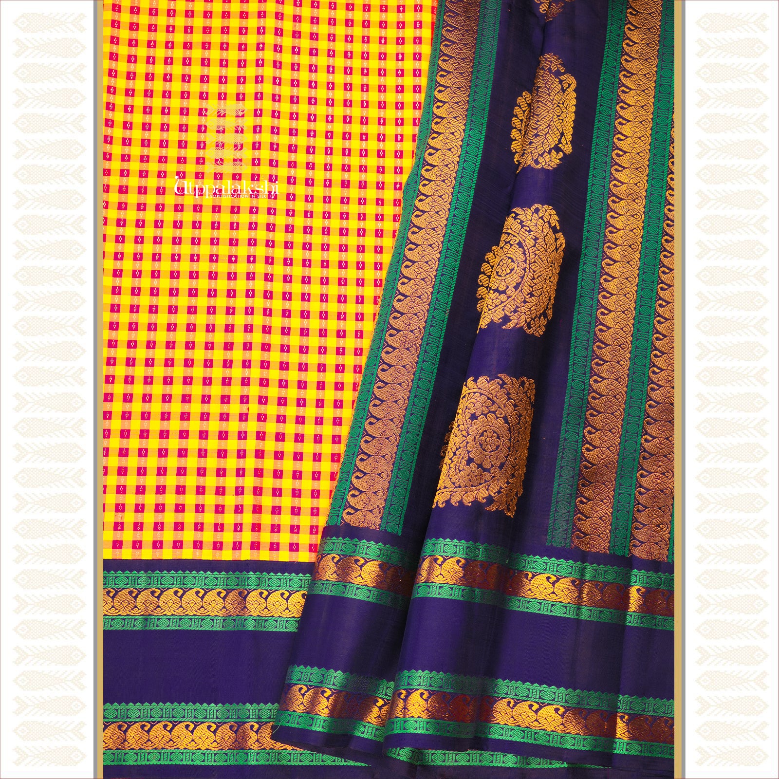 Yellow and Pink Patani Checks with Blue Border and Pallu Featuring Diamond and Silver Jari Motifs – An Utppalakshi Handwoven Kanjivaram Silk Saree