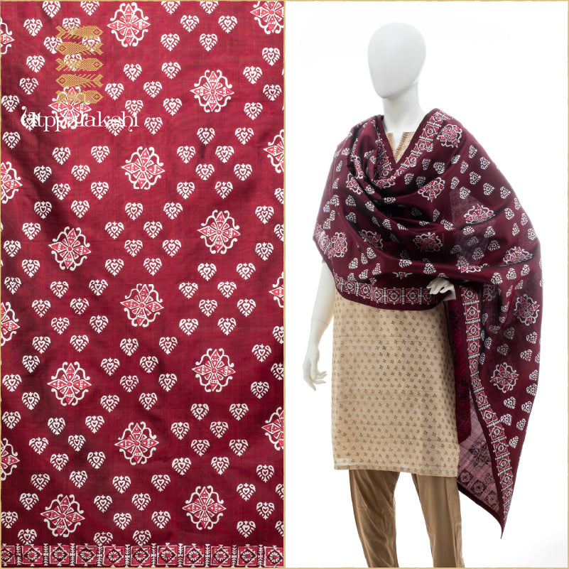 UTPPALAKSHI KANJIVARAM SILK DUPATTA MAROON WHITE BLOCKPRINT