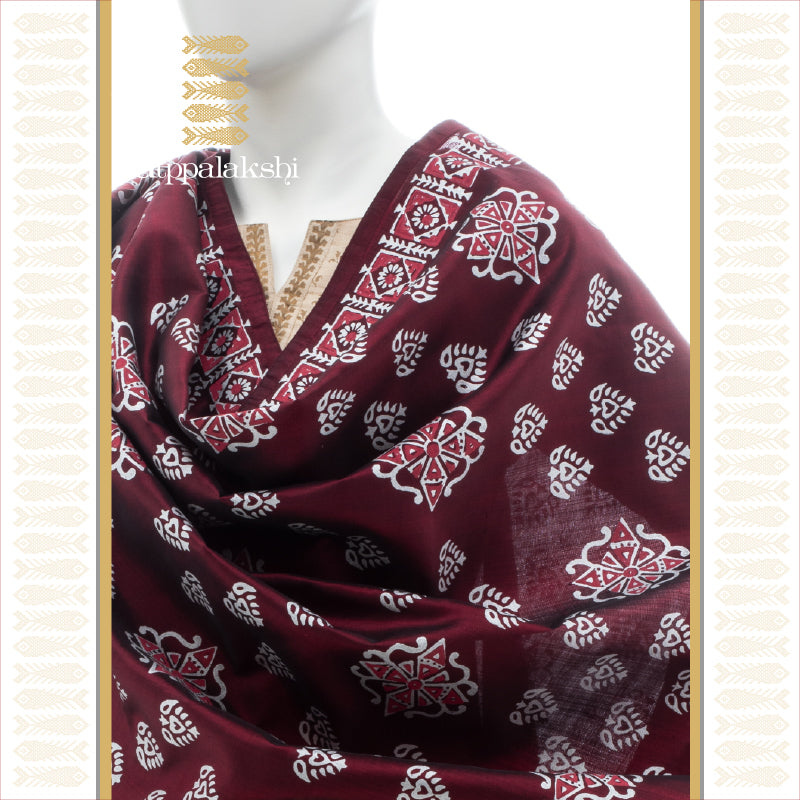 UTPPALAKSHI KANJIVARAM SILK DUPATTA MAROON WHITE BLOCKPRINT