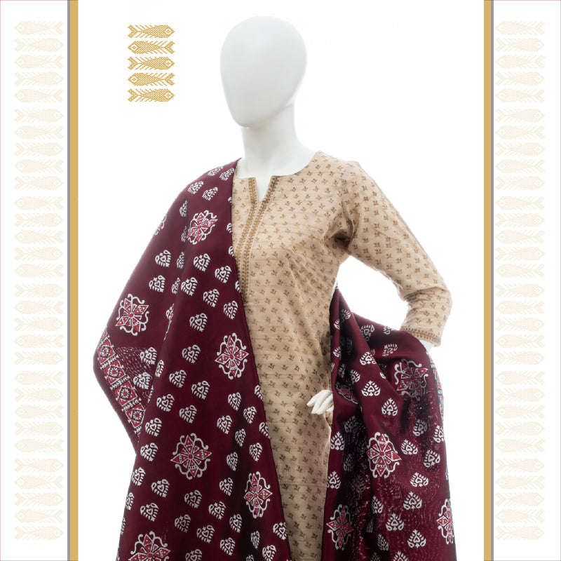 UTPPALAKSHI KANJIVARAM SILK DUPATTA MAROON WHITE BLOCKPRINT
