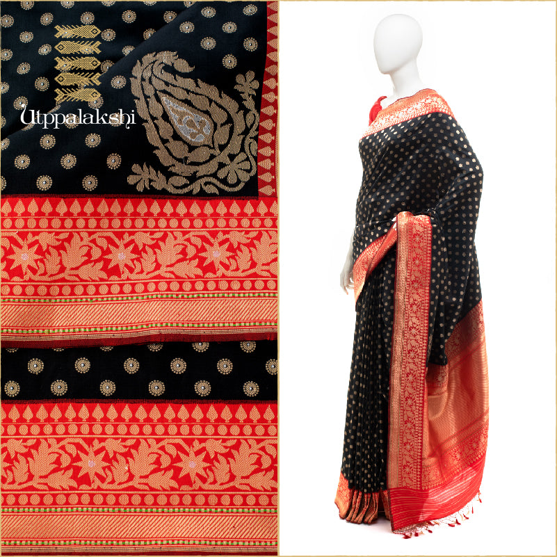 UTPPALAKSHI HANDWOVEN BENARAS SILK SAREE IN BLACK AND RED