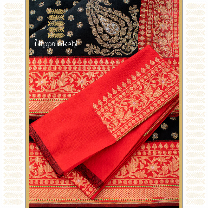 UTPPALAKSHI HANDWOVEN BENARAS SILK SAREE IN BLACK AND RED