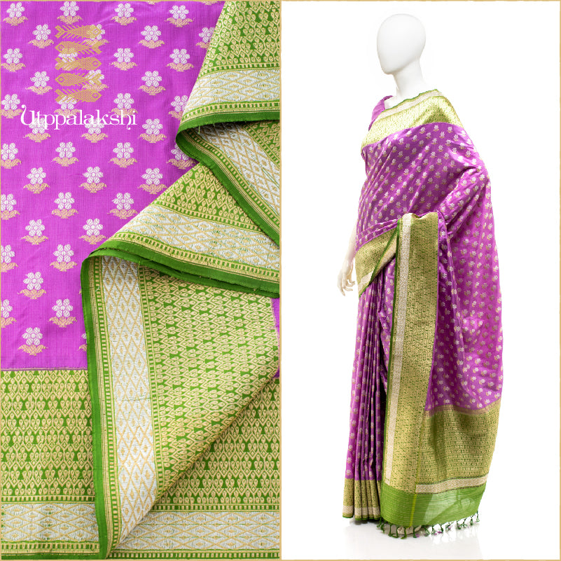 UTPPALAKSHI HANDWOVEN BENARAS SILK SAREE LAVENDER AND GREEN