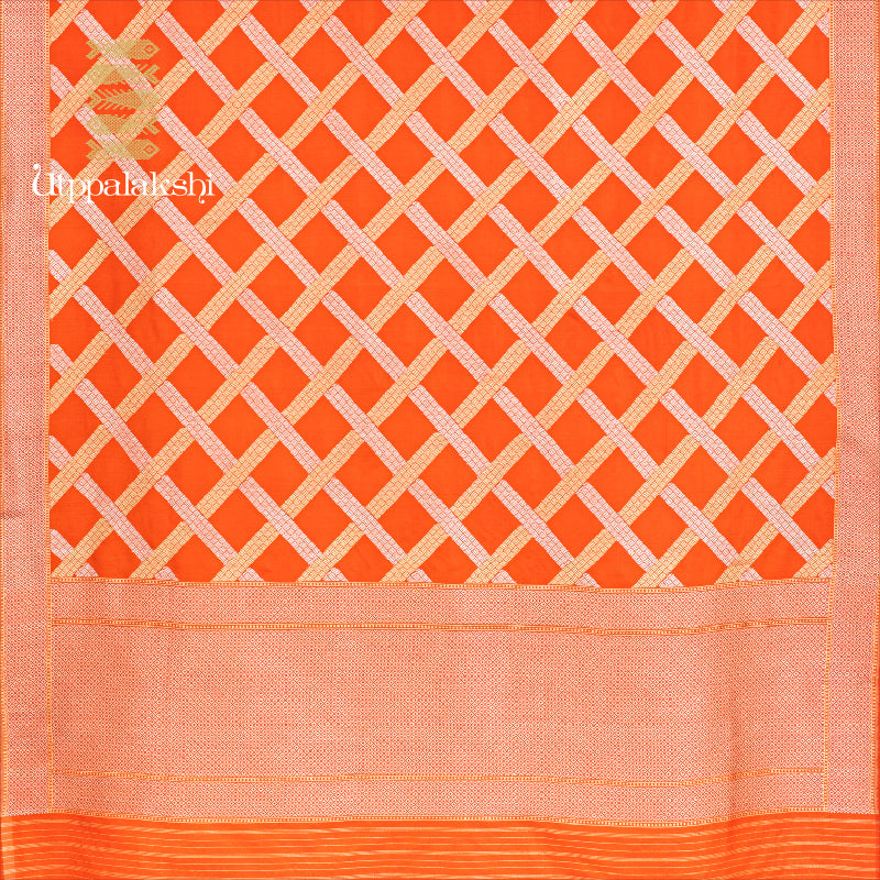 UTPPALAKSHI HANDWOVEN BENARAS SILK SAREE IN ORANGE WITH GOLD AND SILVER THREADWORK