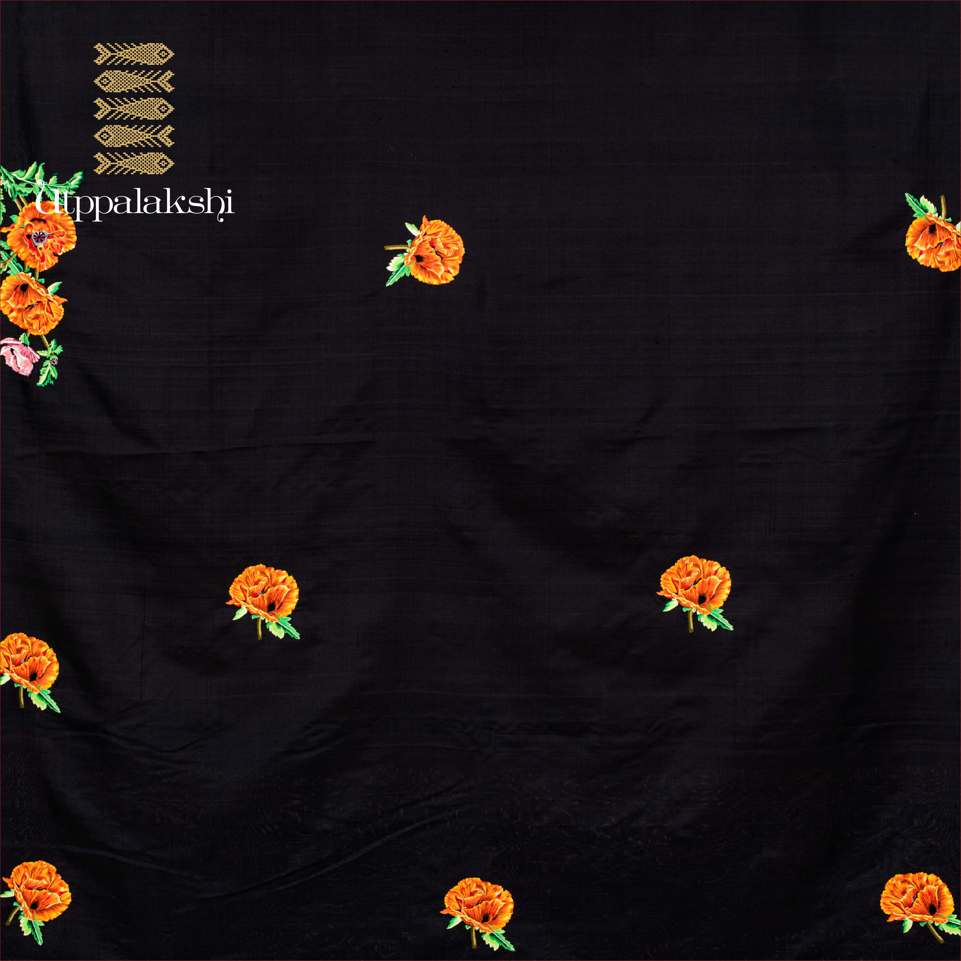 UTPPALAKSHI HANDWOVEN KANJIVARAM SILK HAND EMBROIDERED SAREE BLACK WITH ORANGE FLOWERS