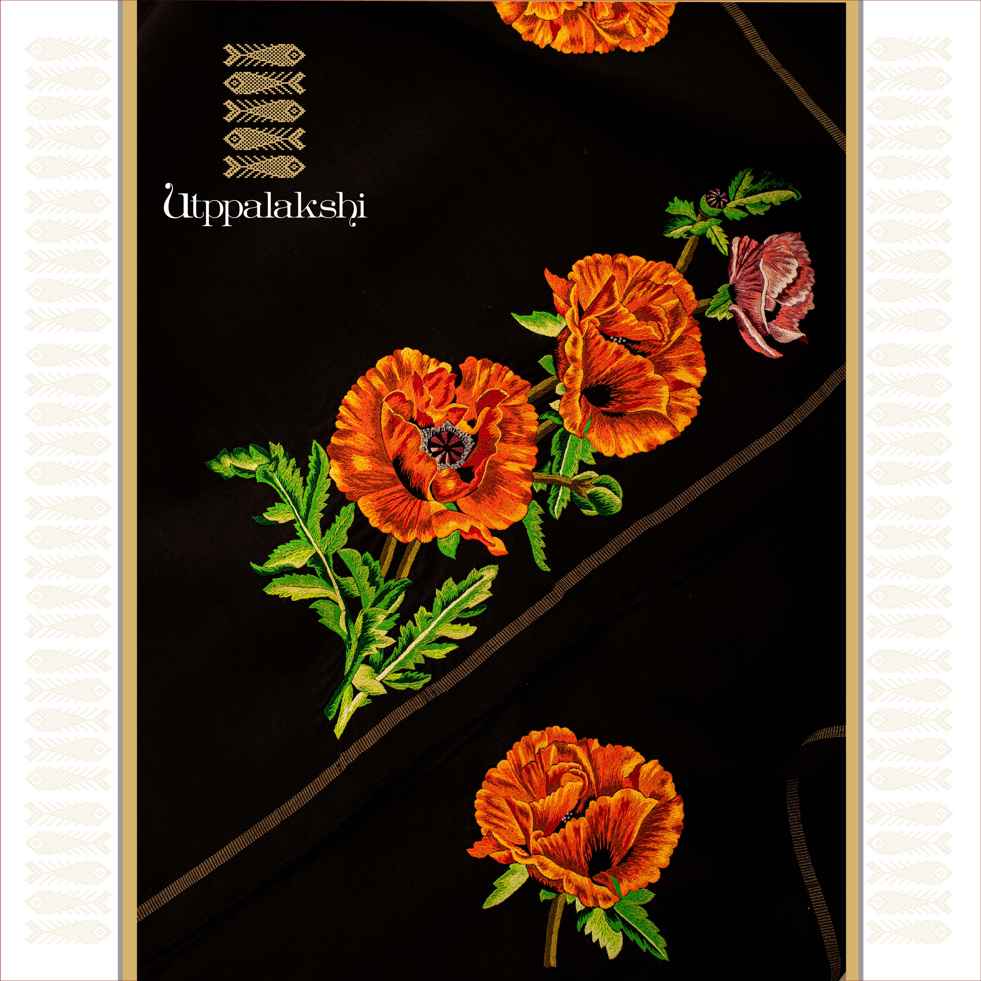 UTPPALAKSHI HANDWOVEN KANJIVARAM SILK HAND EMBROIDERED SAREE BLACK WITH ORANGE FLOWERS