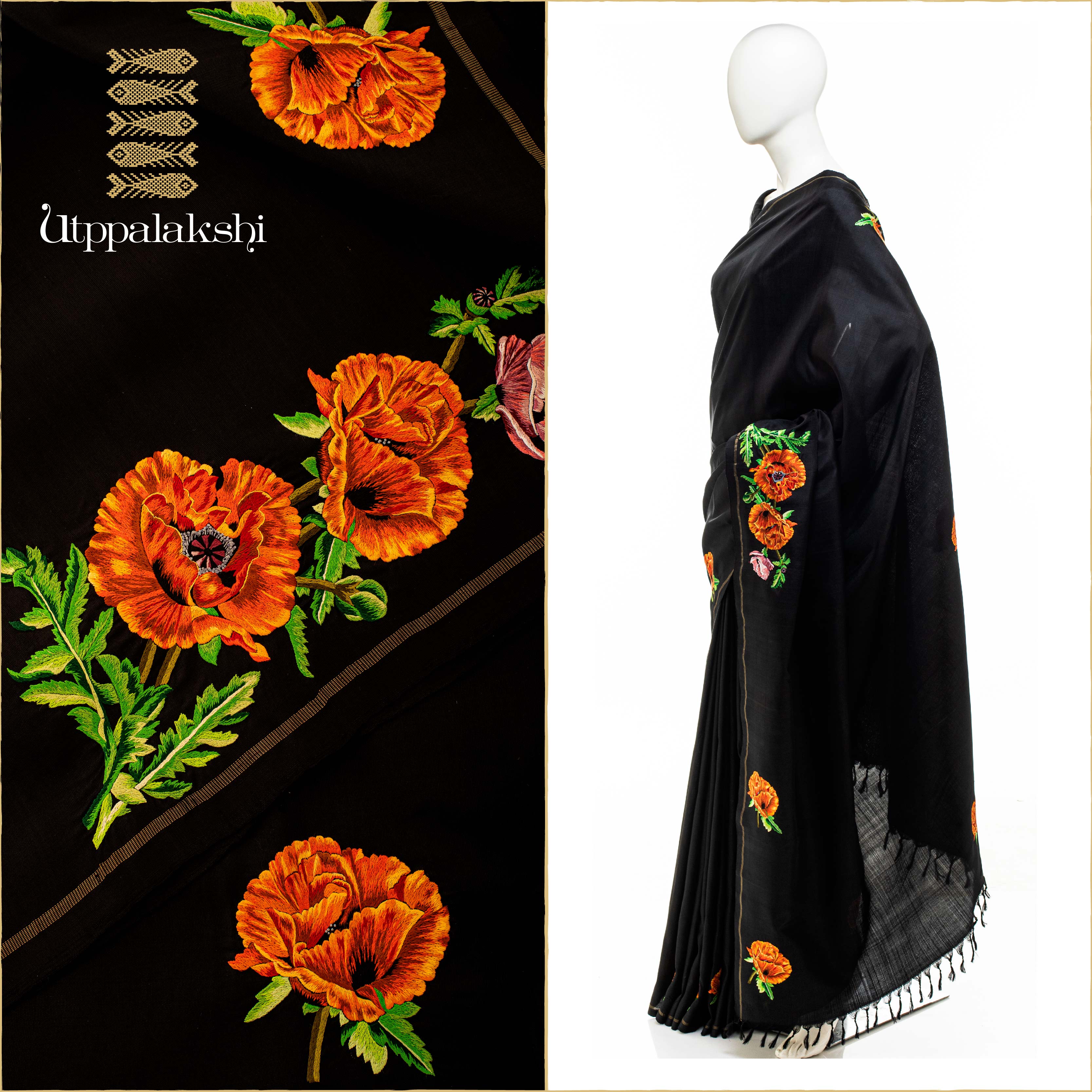 UTPPALAKSHI HANDWOVEN KANJIVARAM SILK HAND EMBROIDERED SAREE BLACK WITH ORANGE FLOWERS