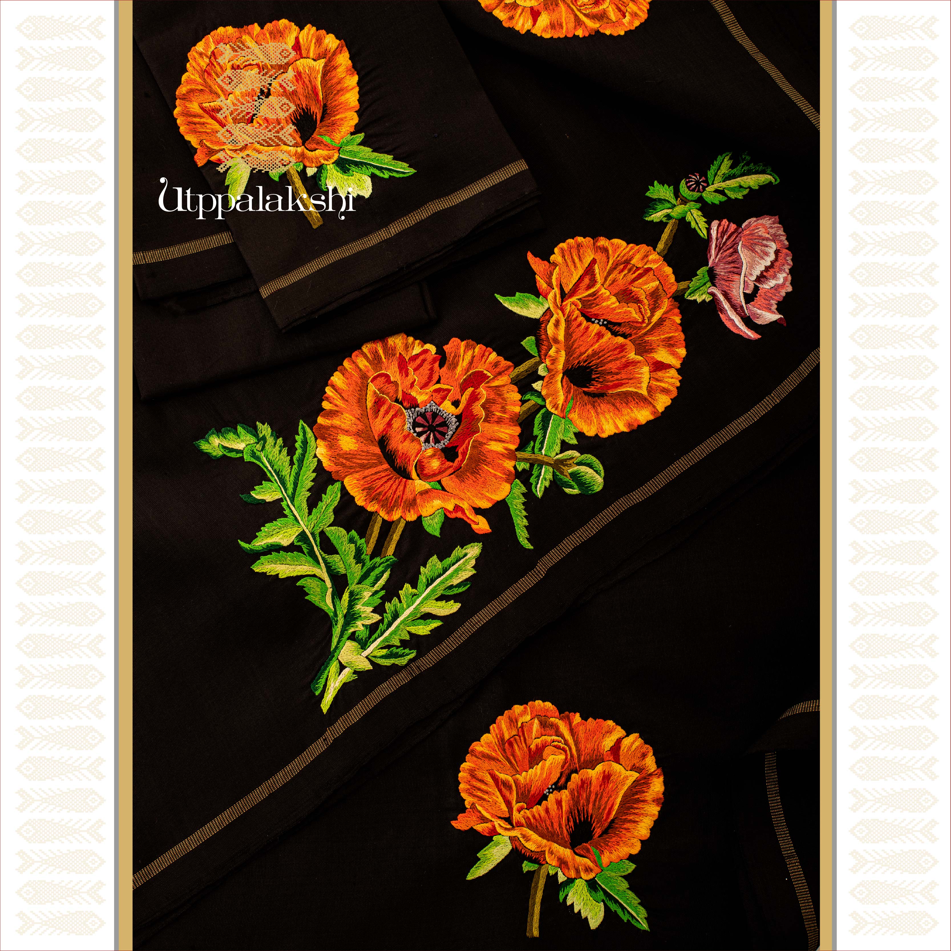 UTPPALAKSHI HANDWOVEN KANJIVARAM SILK HAND EMBROIDERED SAREE BLACK WITH ORANGE FLOWERS
