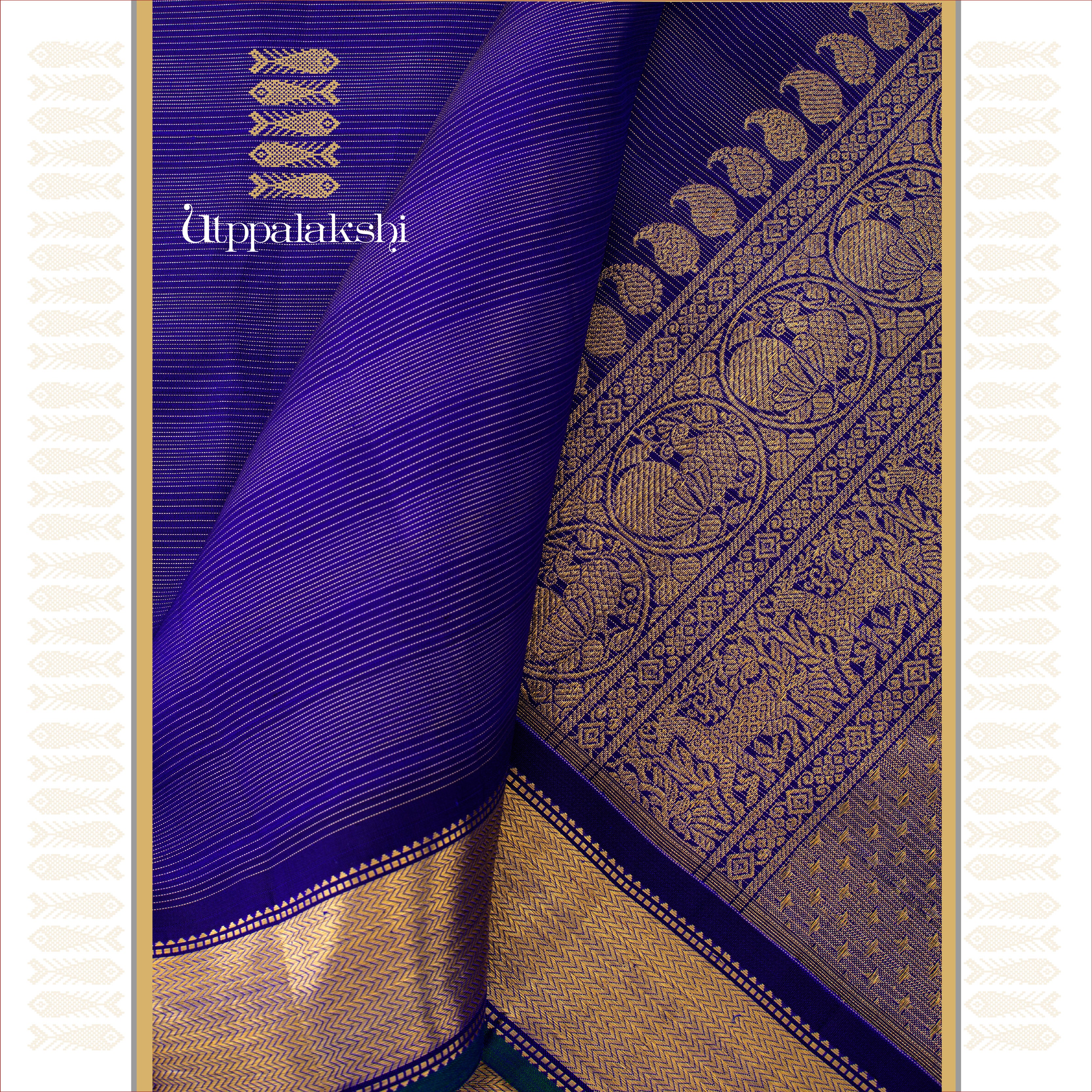 UTPPALAKSHI HANDWOVEN KANJIVARAM SILK BRIDAL SAREE BLUE VAIRA OOSI ALAI