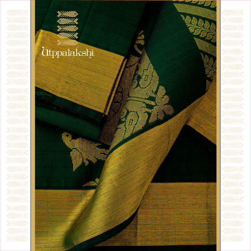 UTPPALAKSHI HANDWOVEN KANJIVARAM SILK SAREE GREEN WITH ANNAM CORDER MOTIF AND GETTI ZARI BORDER