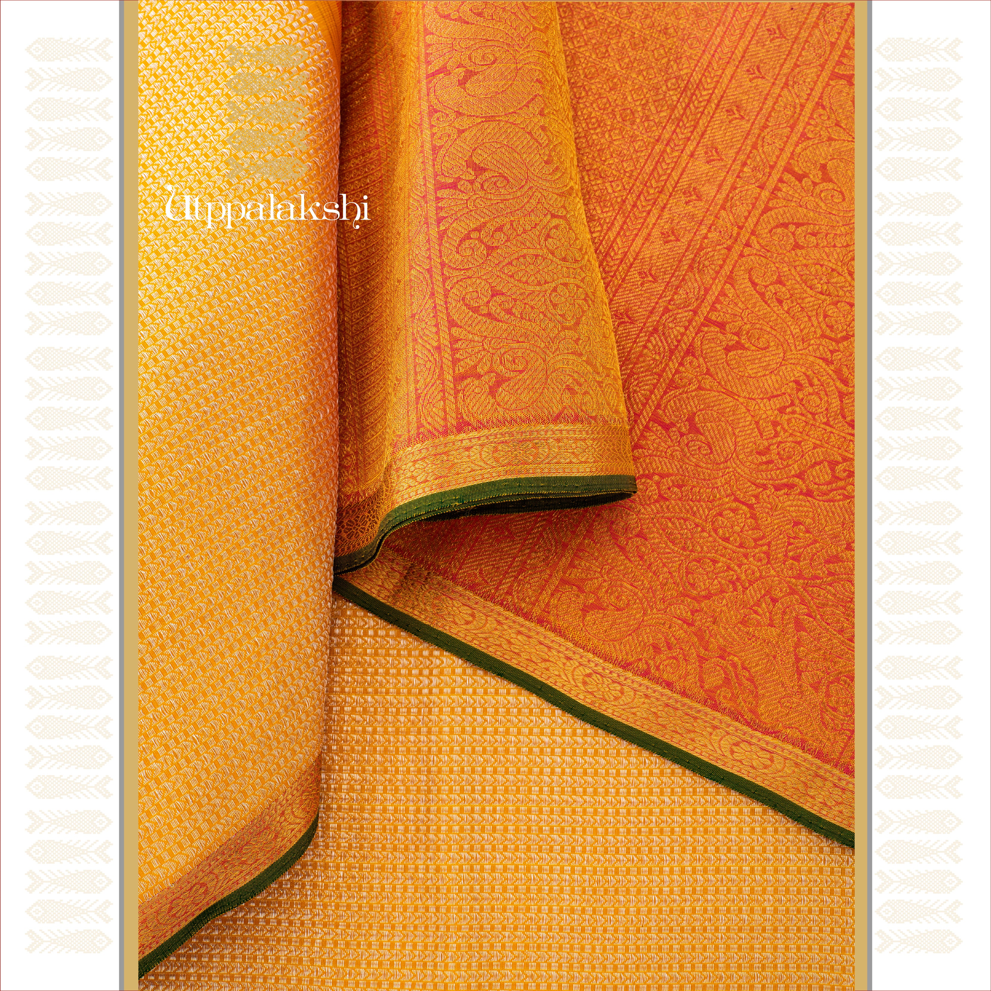UTPPALAKSHI HANDWOVEN KANJIVARAM SILK BRIDAL SAREE PEACH AND YELLOW BROCADE