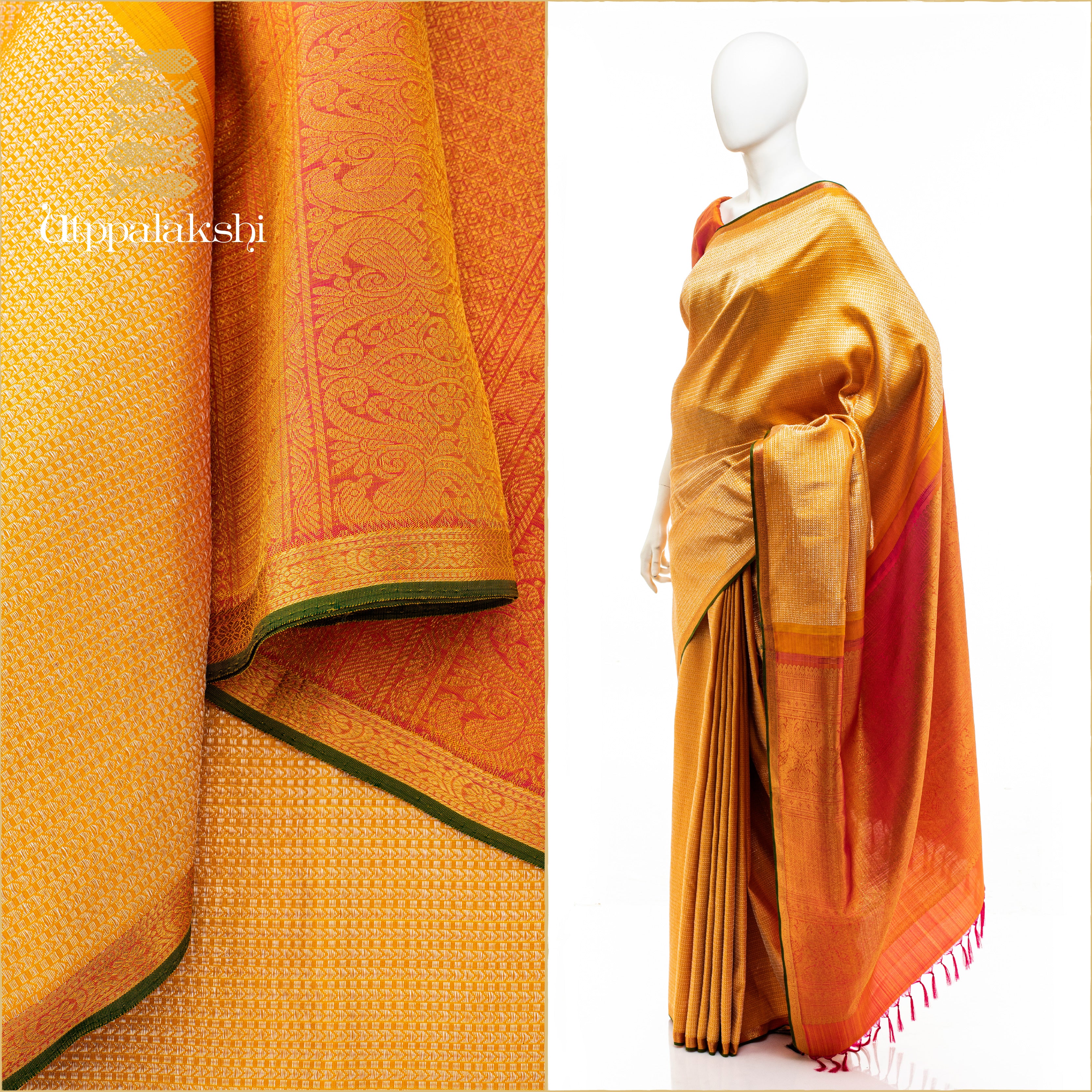 UTPPALAKSHI HANDWOVEN KANJIVARAM SILK BRIDAL SAREE PEACH AND YELLOW BROCADE