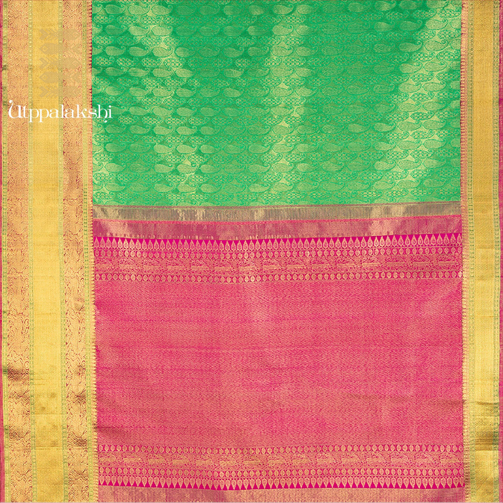 UTPPALAKSHI HANDWOVEN KANJIVARAM SILK BRIDAL SAREE GREEN BROCADE PINK PALLU