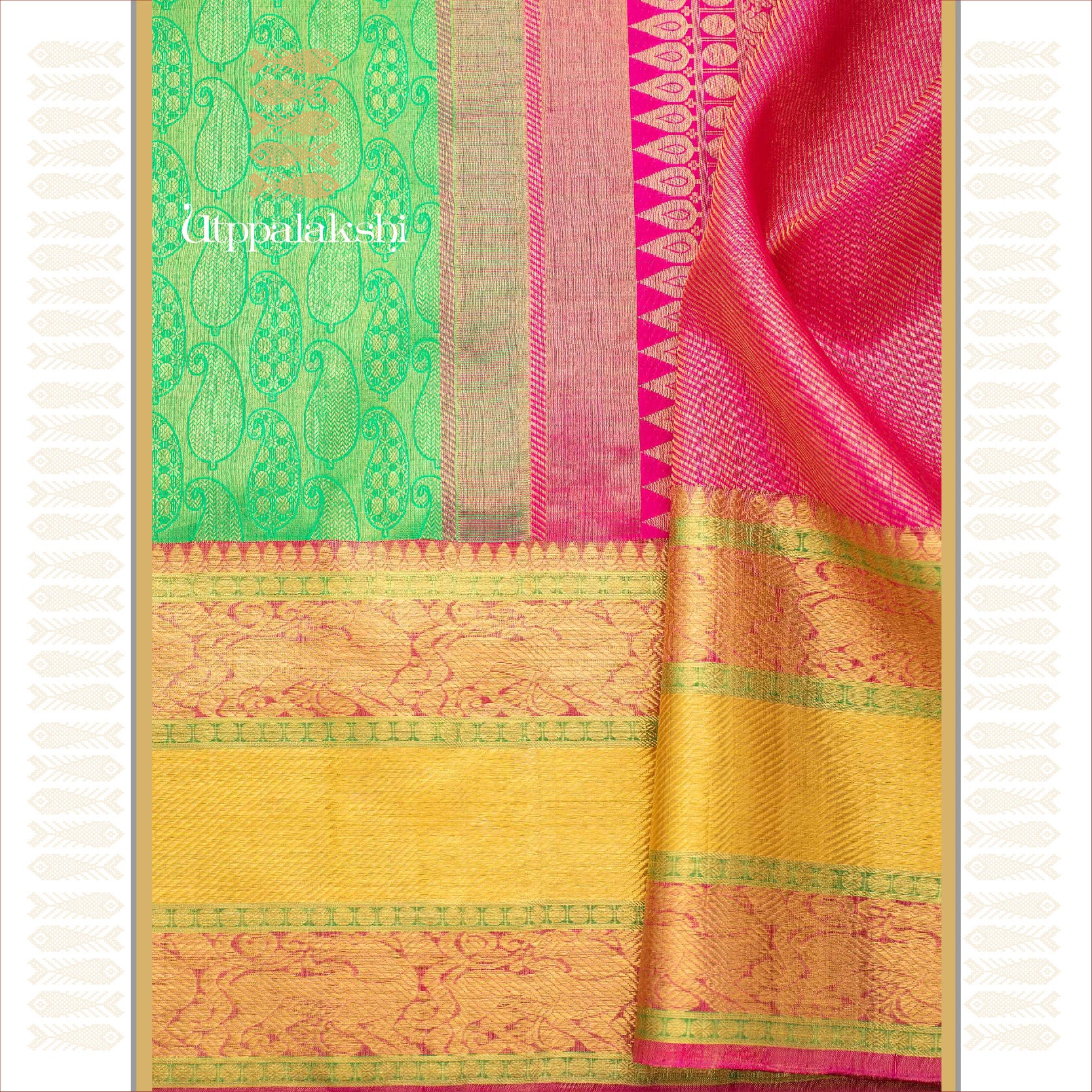UTPPALAKSHI HANDWOVEN KANJIVARAM SILK BRIDAL SAREE GREEN BROCADE PINK PALLU