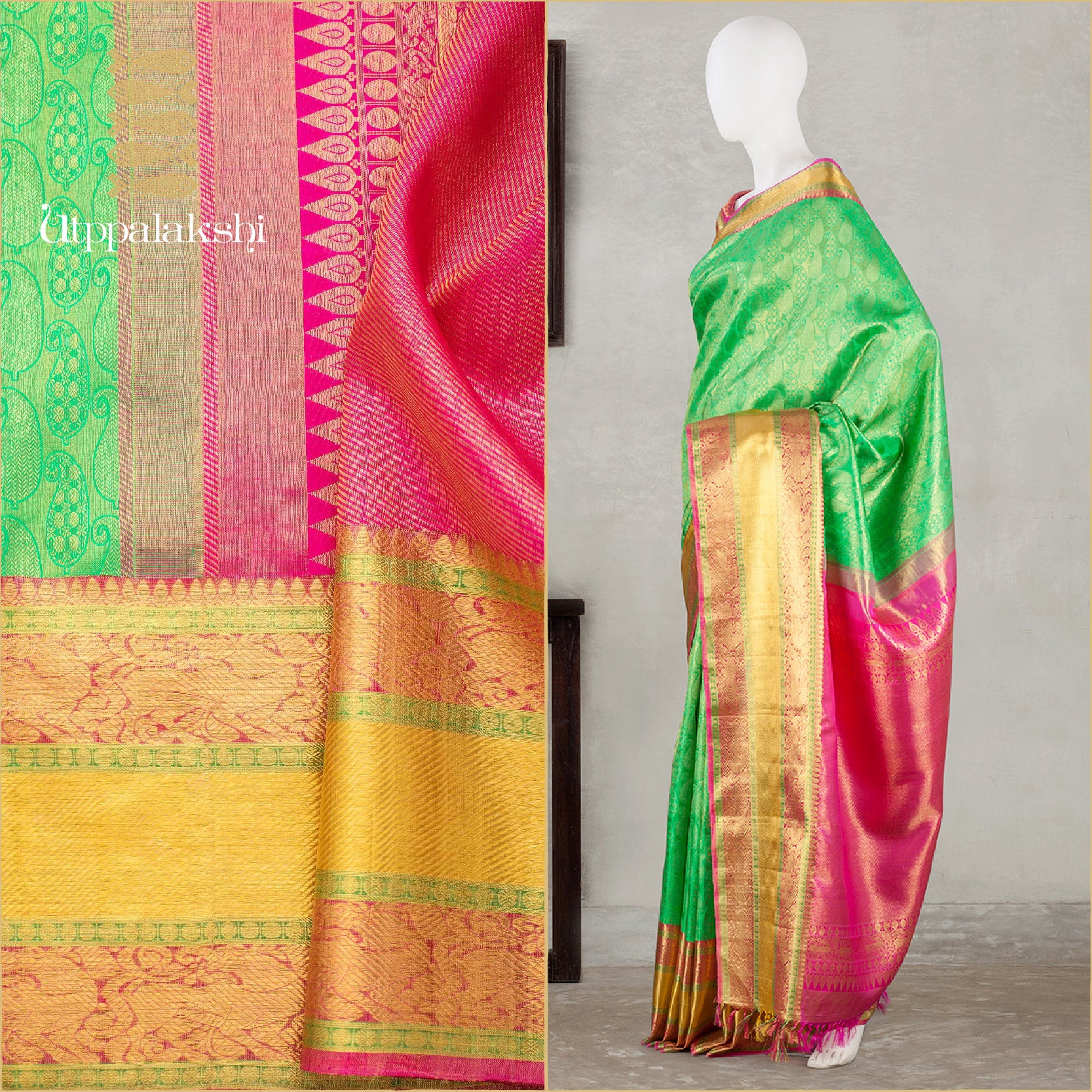 UTPPALAKSHI HANDWOVEN KANJIVARAM SILK BRIDAL SAREE GREEN BROCADE PINK PALLU