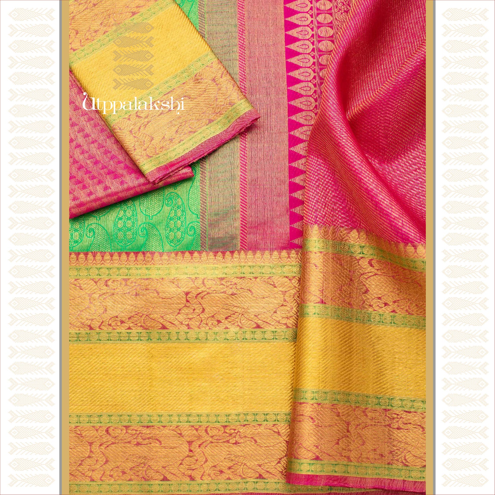 UTPPALAKSHI HANDWOVEN KANJIVARAM SILK BRIDAL SAREE GREEN BROCADE PINK PALLU