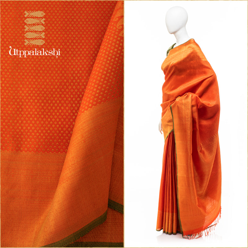 UTPPALAKSHI HANDWOVEN KANJIVARAM SILK BRIDAL SAREE ORANGE BUTTA SELF BORDER