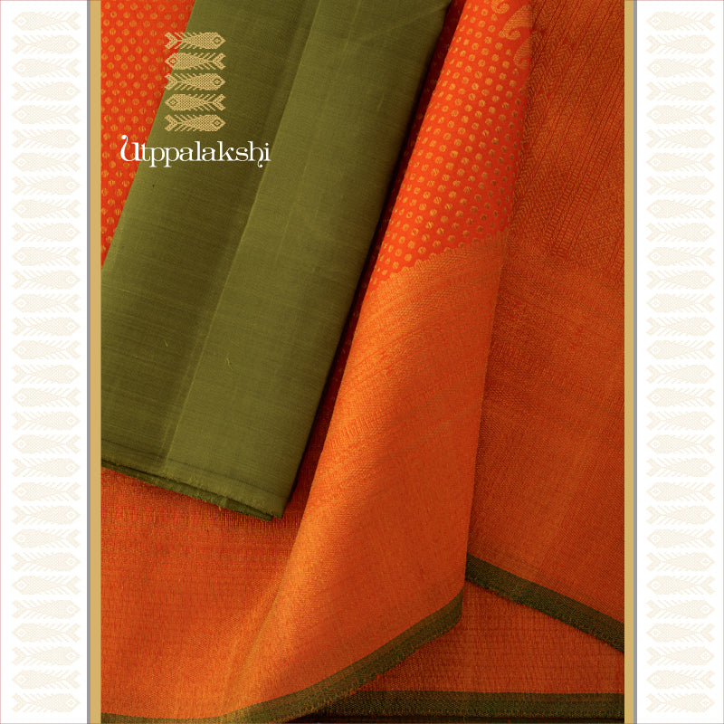 UTPPALAKSHI HANDWOVEN KANJIVARAM SILK BRIDAL SAREE ORANGE BUTTA SELF BORDER