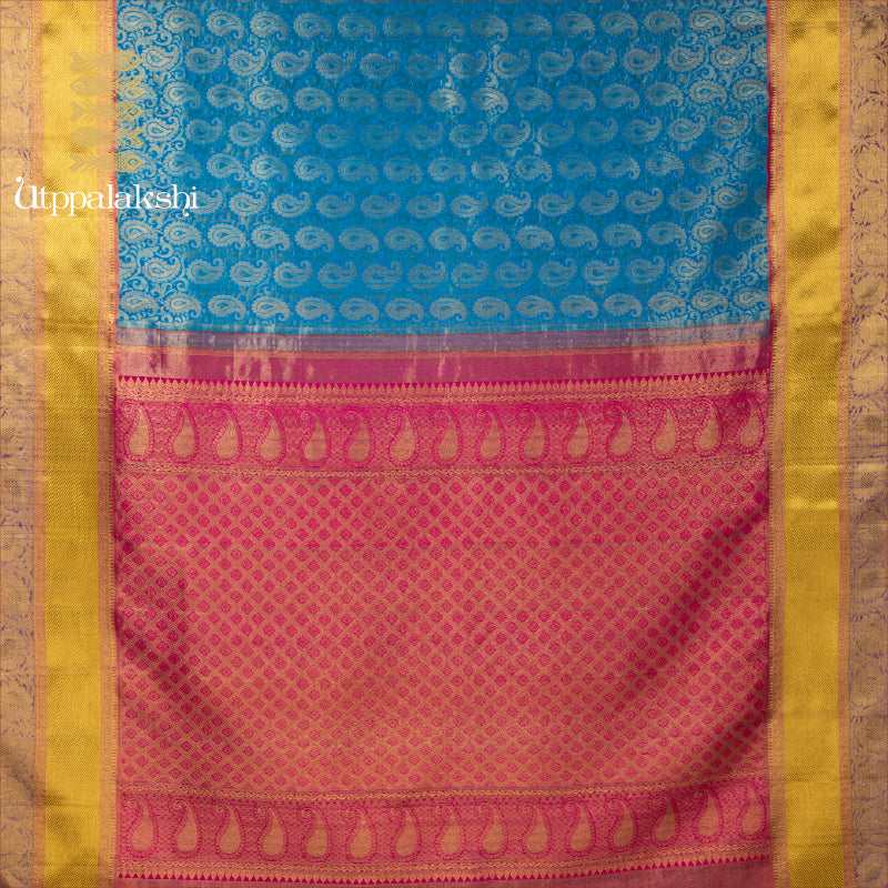 UTPPALAKSHI HANDWOVEN KANJIVARAM SILK BRIDAL SAREE BLUE BROCADE DOUBLE BORDER