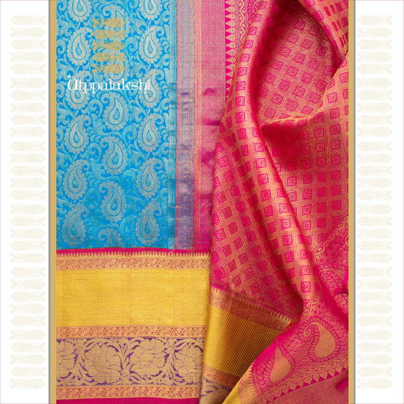 UTPPALAKSHI HANDWOVEN KANJIVARAM SILK BRIDAL SAREE BLUE BROCADE DOUBLE BORDER