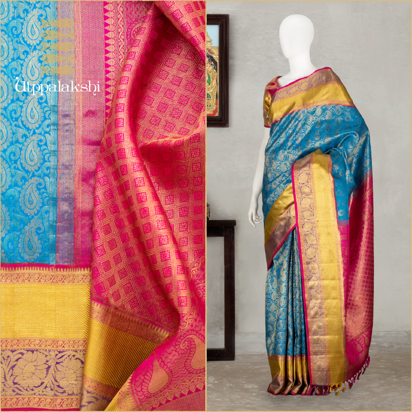 UTPPALAKSHI HANDWOVEN KANJIVARAM SILK BRIDAL SAREE BLUE BROCADE DOUBLE BORDER