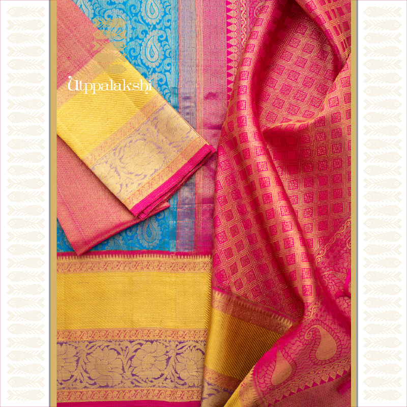 UTPPALAKSHI HANDWOVEN KANJIVARAM SILK BRIDAL SAREE BLUE BROCADE DOUBLE BORDER