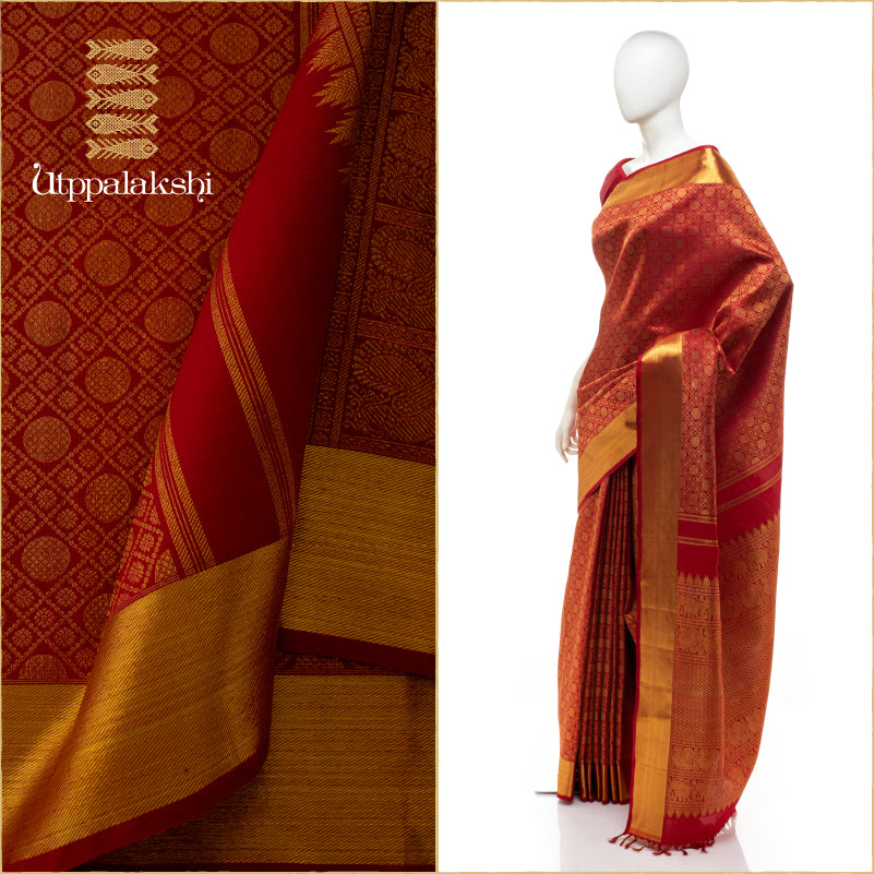 UTPPALAKSHI HANDWOVEN KANJIVARAM SILK BRIDAL SAREE RED BROCADE WITH GETTI ZARI