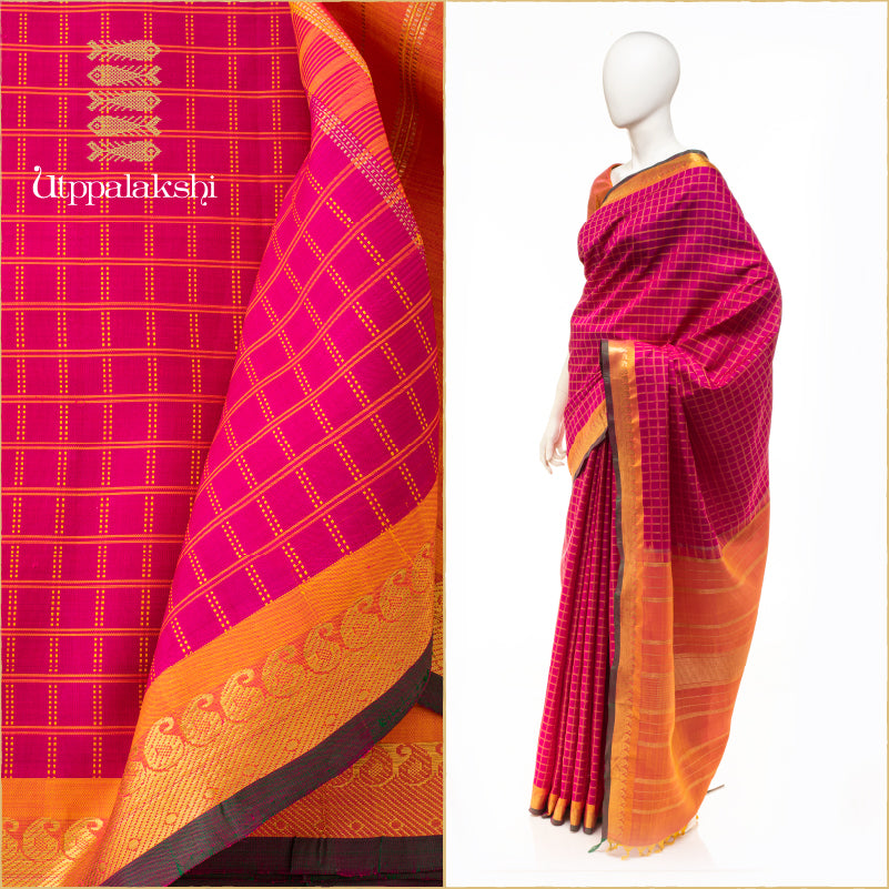 UTPPALAKSHI HANDWOVEN KANJIVARAM SILK SAREE PINK CHECKS MUSTARD BORDER