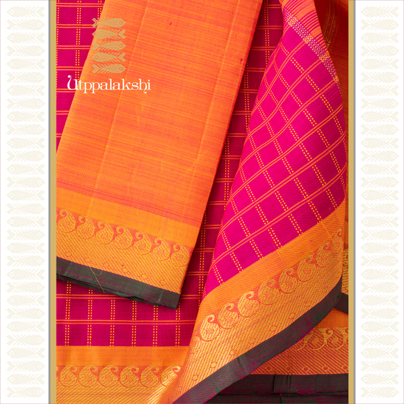UTPPALAKSHI HANDWOVEN KANJIVARAM SILK SAREE PINK CHECKS MUSTARD BORDER