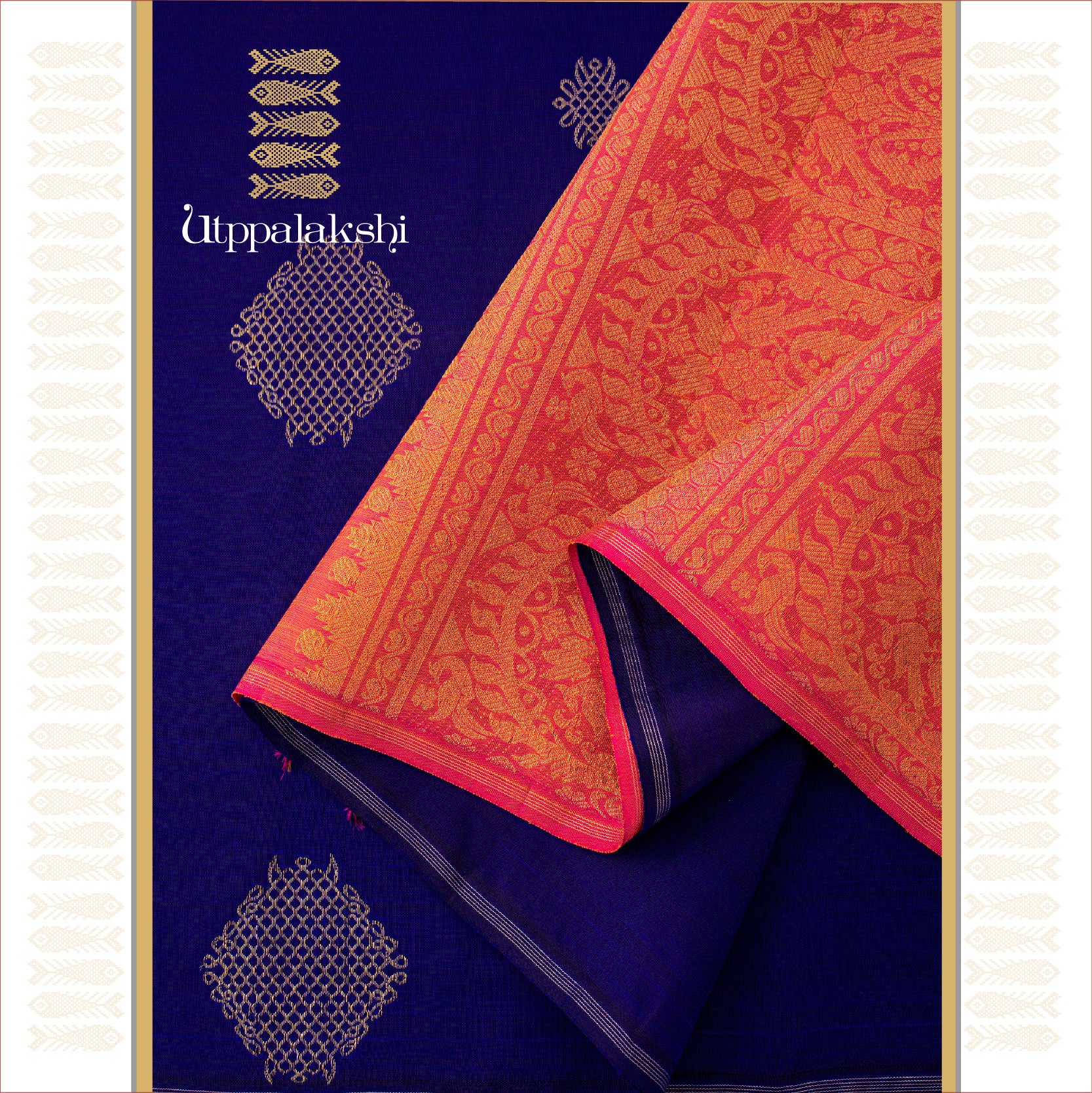 UTPPALAKSHI HANDWOVEN KANJIVARAM SILK SAREE BLUE AND PINK KOLAM