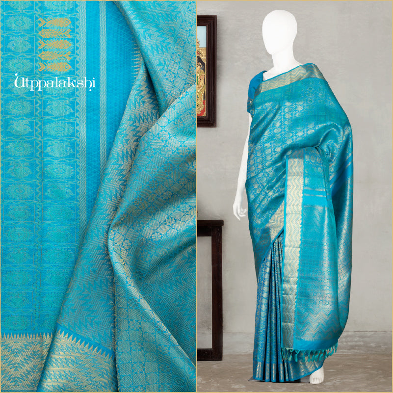 UTPPALAKSHI HANDWOVEN KANJIVARAM SILK SAREE BLUE ANNAM CHAKRAM