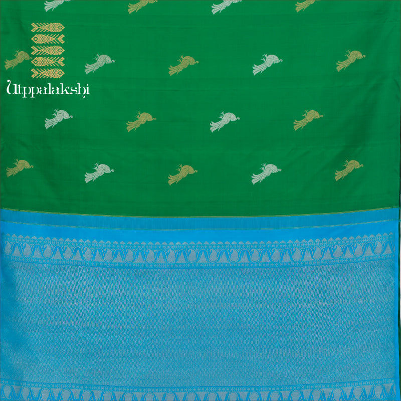 UTPPALAKSHI HANDWOVEN KANJIVARAM SILK SAREE GREEN AND BLUE GOLD AND SILVER ZARI NO BORDER