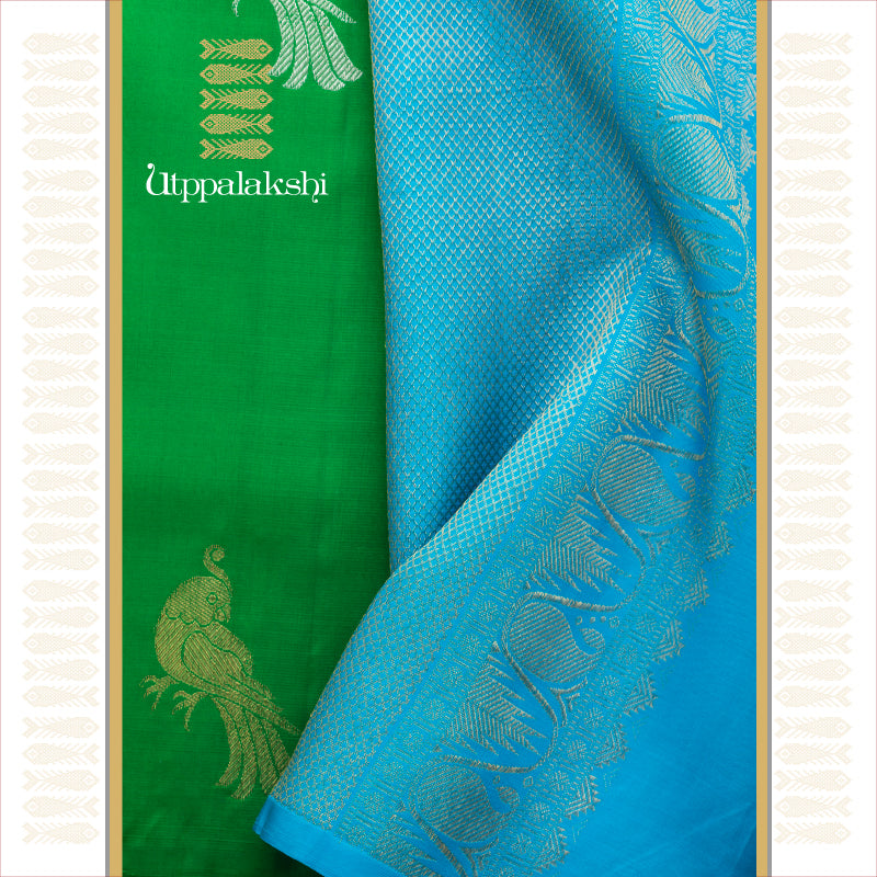 UTPPALAKSHI HANDWOVEN KANJIVARAM SILK SAREE GREEN AND BLUE GOLD AND SILVER ZARI NO BORDER
