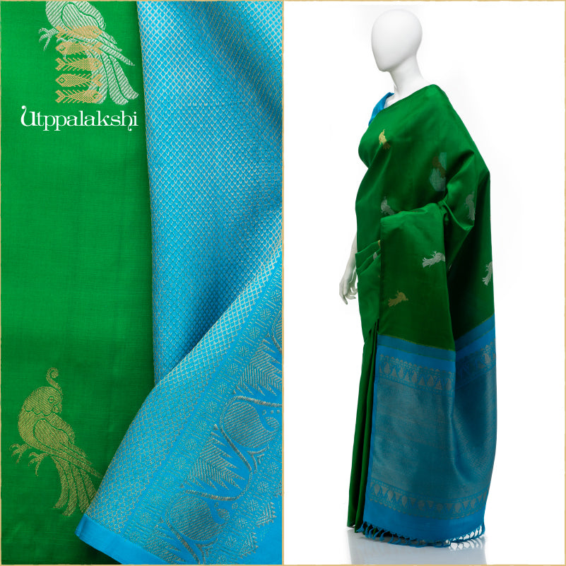UTPPALAKSHI HANDWOVEN KANJIVARAM SILK SAREE GREEN AND BLUE GOLD AND SILVER ZARI NO BORDER