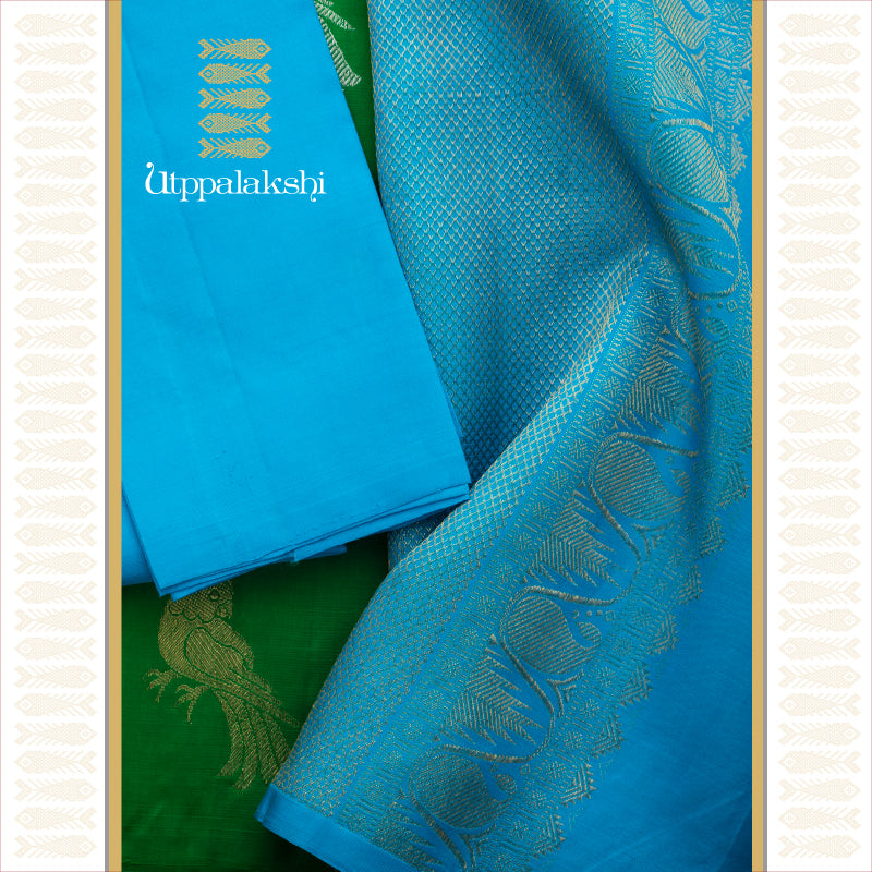 UTPPALAKSHI HANDWOVEN KANJIVARAM SILK SAREE GREEN AND BLUE GOLD AND SILVER ZARI NO BORDER