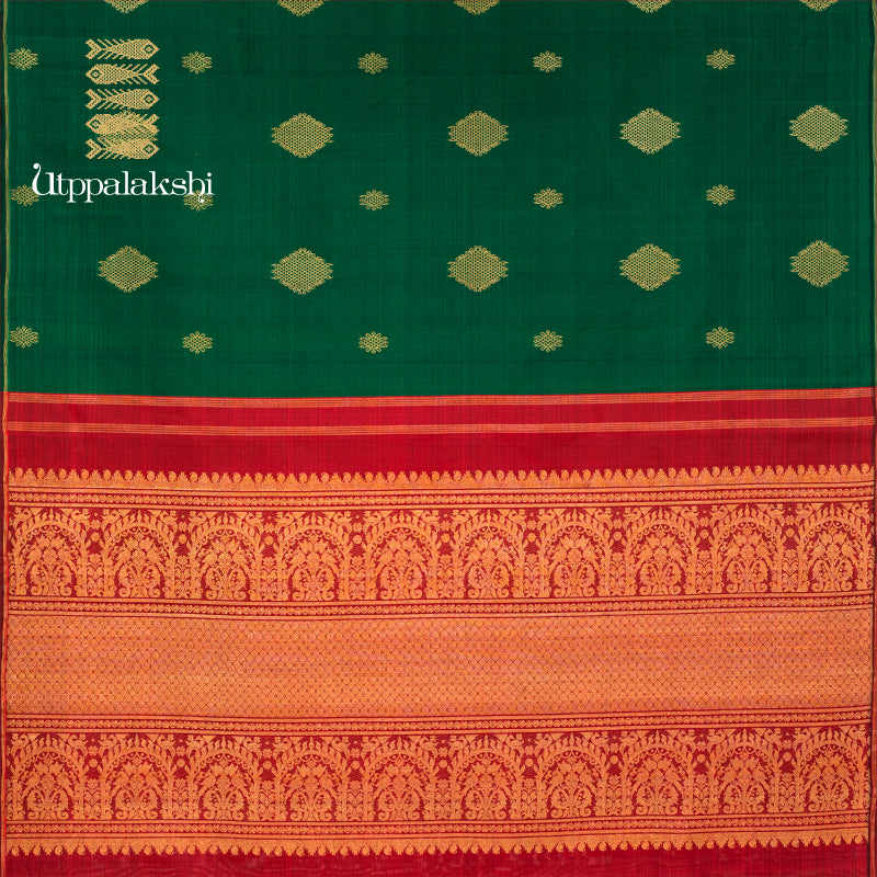 UTPPALAKSHI HANDWOVEN KANJIVARAM SILK SAREE GREEN AND MAROON KOLAM NO BORDER