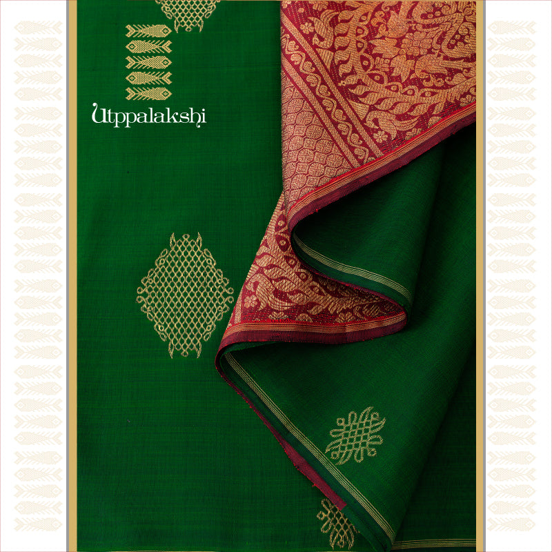 UTPPALAKSHI HANDWOVEN KANJIVARAM SILK SAREE GREEN AND MAROON KOLAM NO BORDER