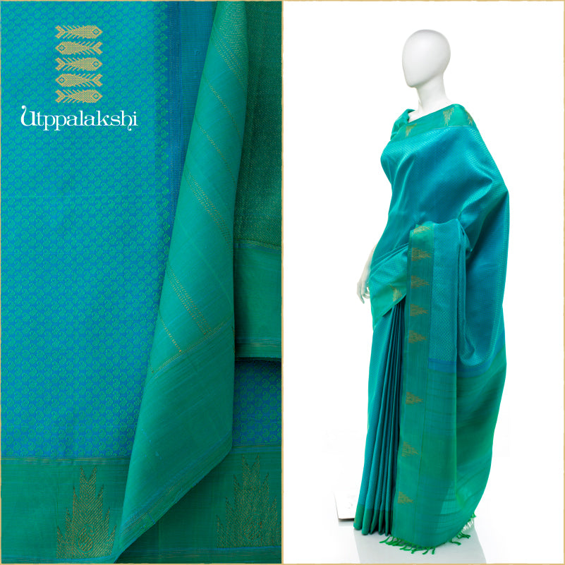 UTPPALAKSHI HANDWOVEN KANJIVARAM SILK JACQUARD SAREE IN BLUE WITH TEAL TEMPLE BORDER