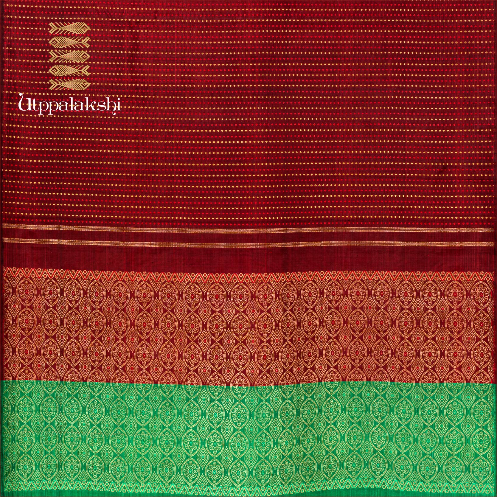 UTPPALAKSHI HANDWOVEN KANJIVARAM SILK TIE AND DYE SAREE MAROON AND GREEN NO BORDER
