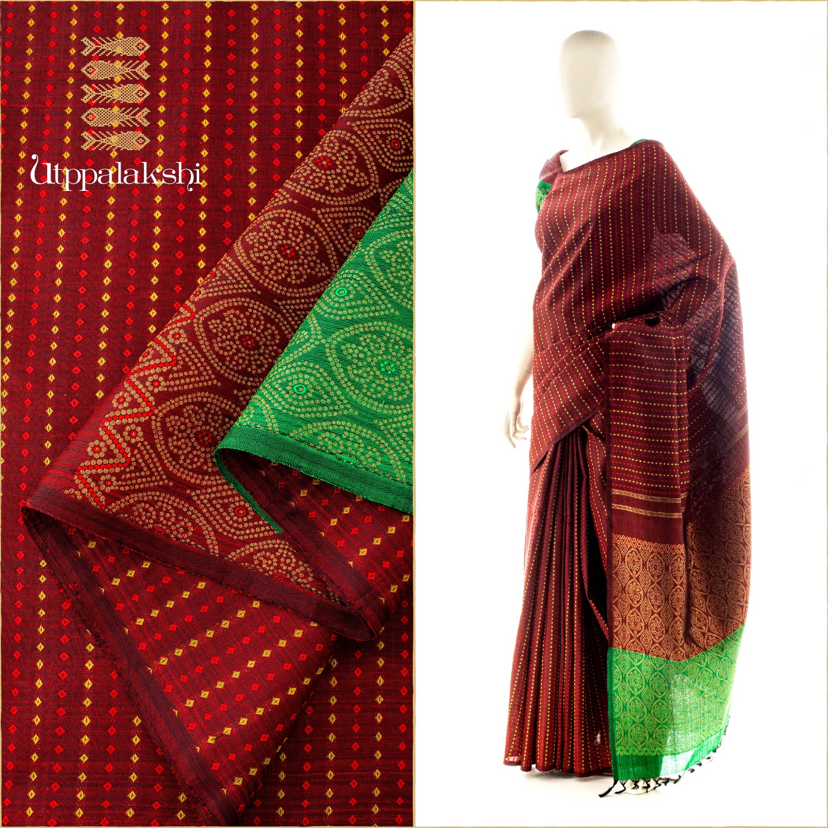 UTPPALAKSHI HANDWOVEN KANJIVARAM SILK TIE AND DYE SAREE MAROON AND GREEN NO BORDER