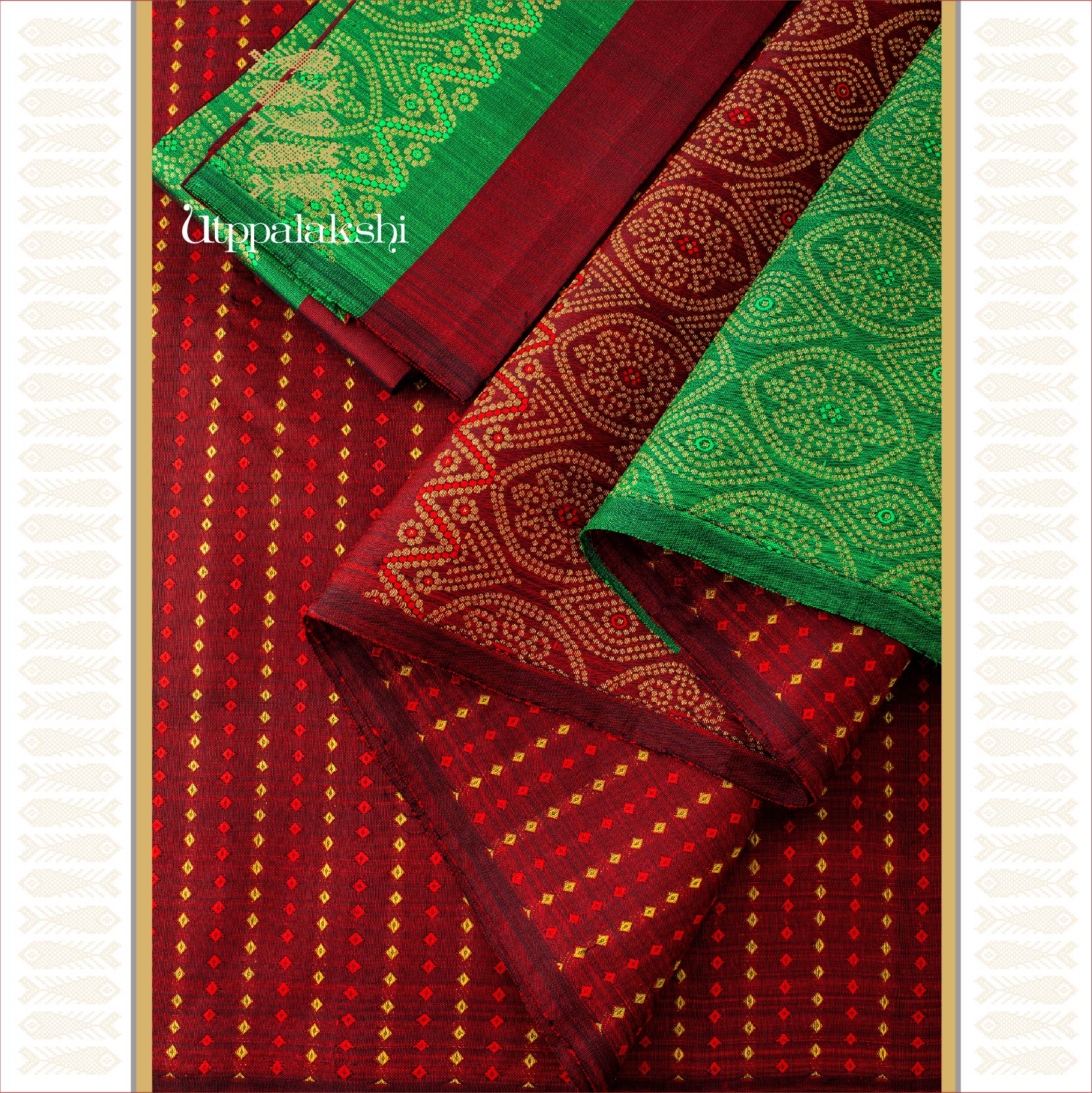 UTPPALAKSHI HANDWOVEN KANJIVARAM SILK TIE AND DYE SAREE MAROON AND GREEN NO BORDER