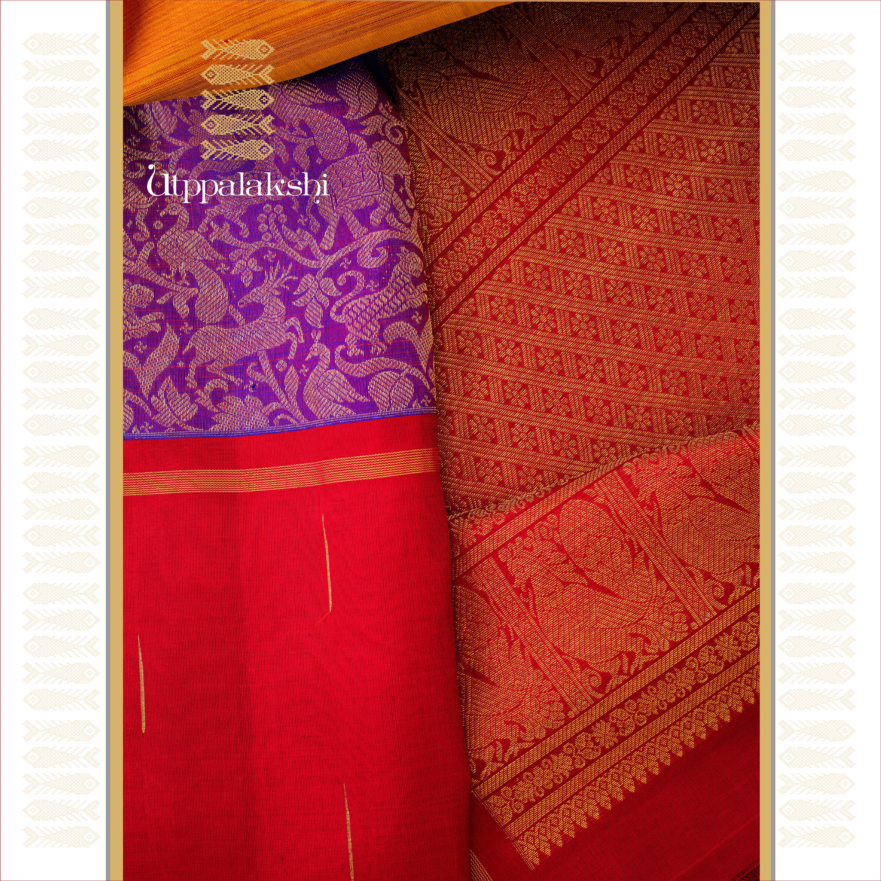 UTPPALAKSHI HANDWOVEN KANJIVARAM SILK MUBBAGAM SAREE PURPLE MUSTARD RED VANASINGARAM