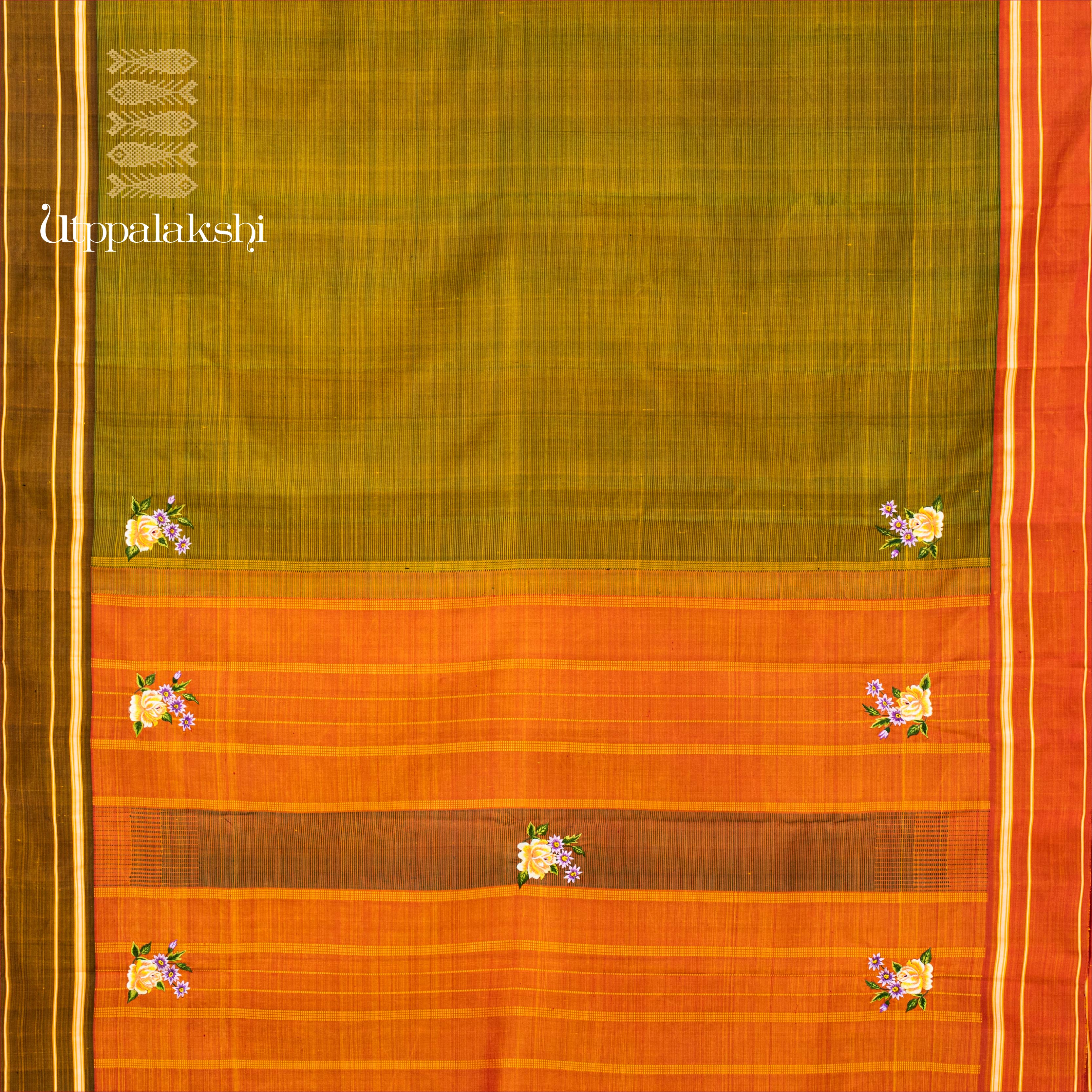 UTPPALAKSHI HANDWOVEN KANJIVARAM SILK HAND EMBROIDERED SAREE BROWN GREEN FLOWERS