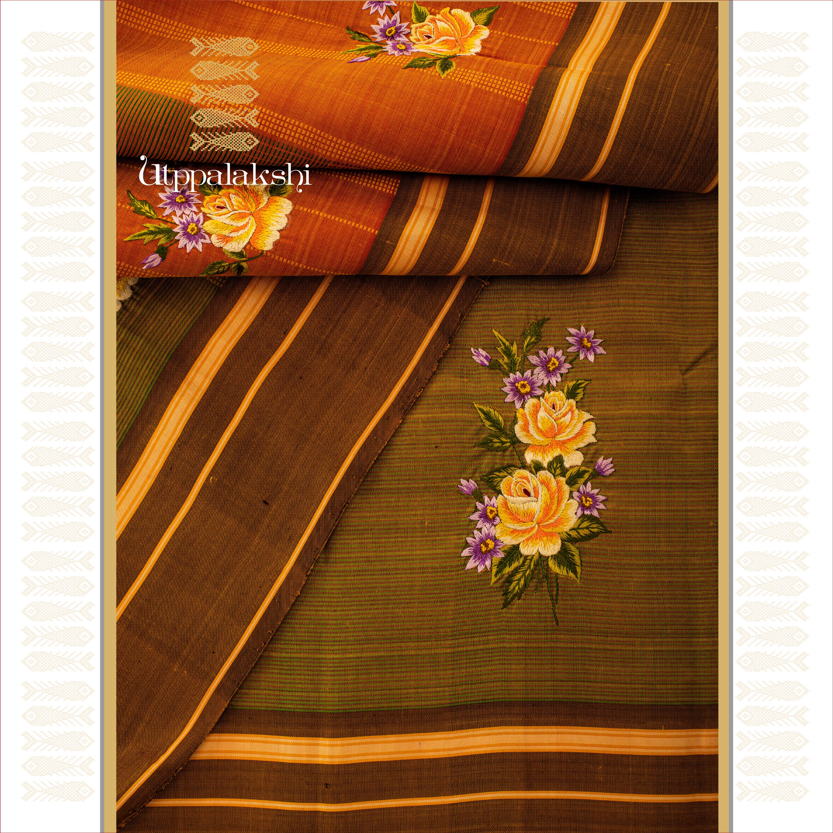 UTPPALAKSHI HANDWOVEN KANJIVARAM SILK HAND EMBROIDERED SAREE BROWN GREEN FLOWERS