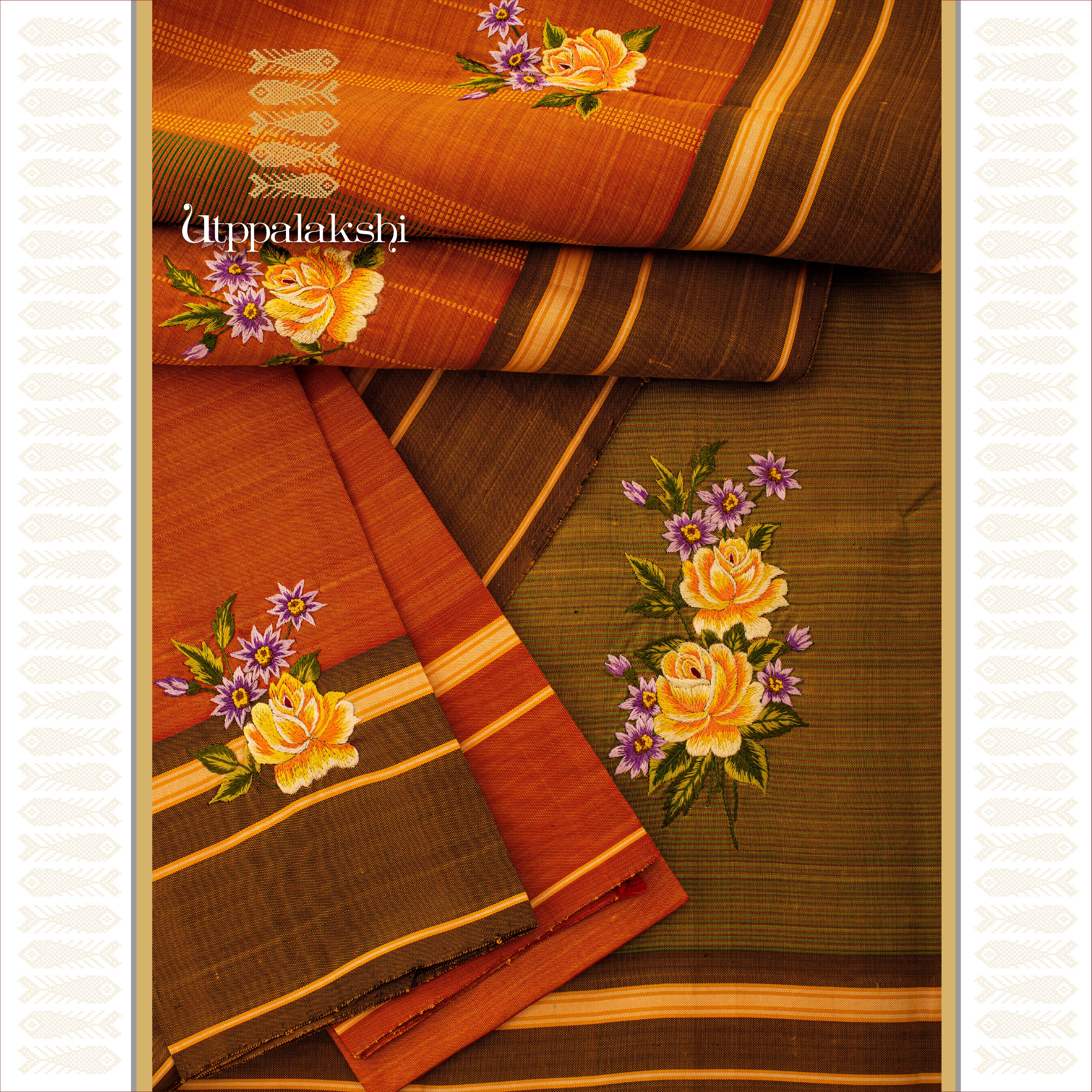 UTPPALAKSHI HANDWOVEN KANJIVARAM SILK HAND EMBROIDERED SAREE BROWN GREEN FLOWERS