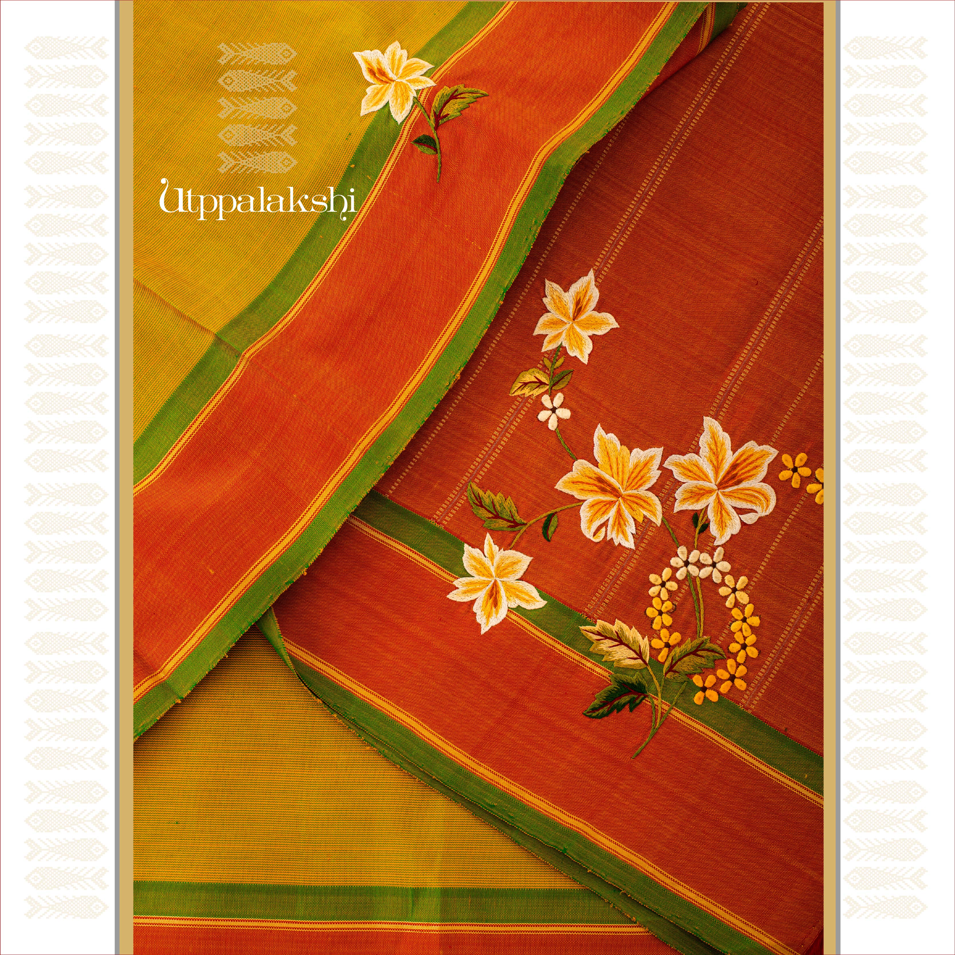 UTPPALAKSHI HANDWOVEN KANJIVARAM SILK HAND EMBROIDERED SAREE ORANGE RUST GREEN